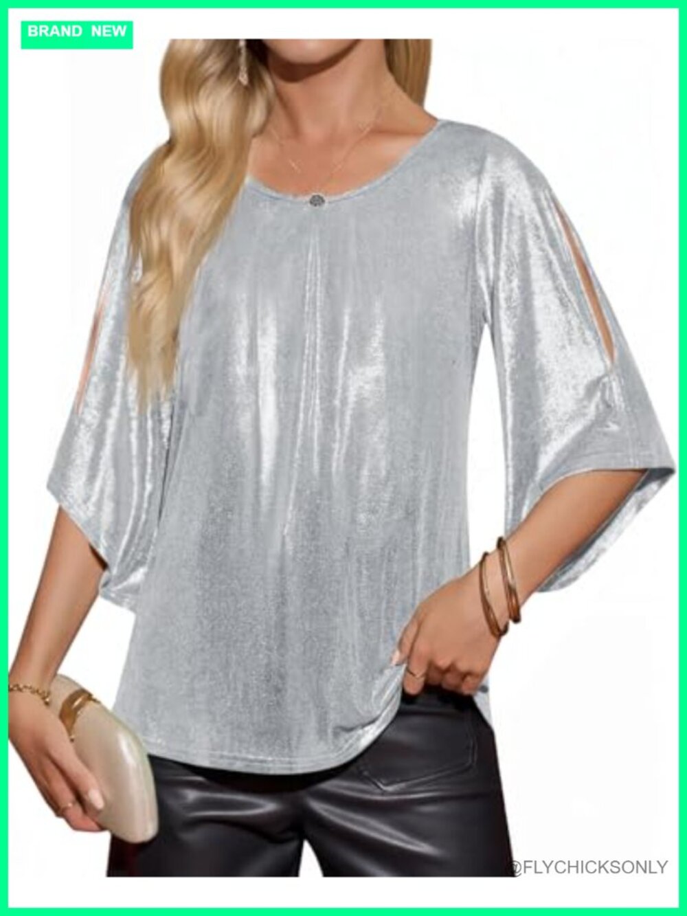 Womens 3/4 Sleeve Glitter Sparkly Crew Neck Blouse Pleated Party Top